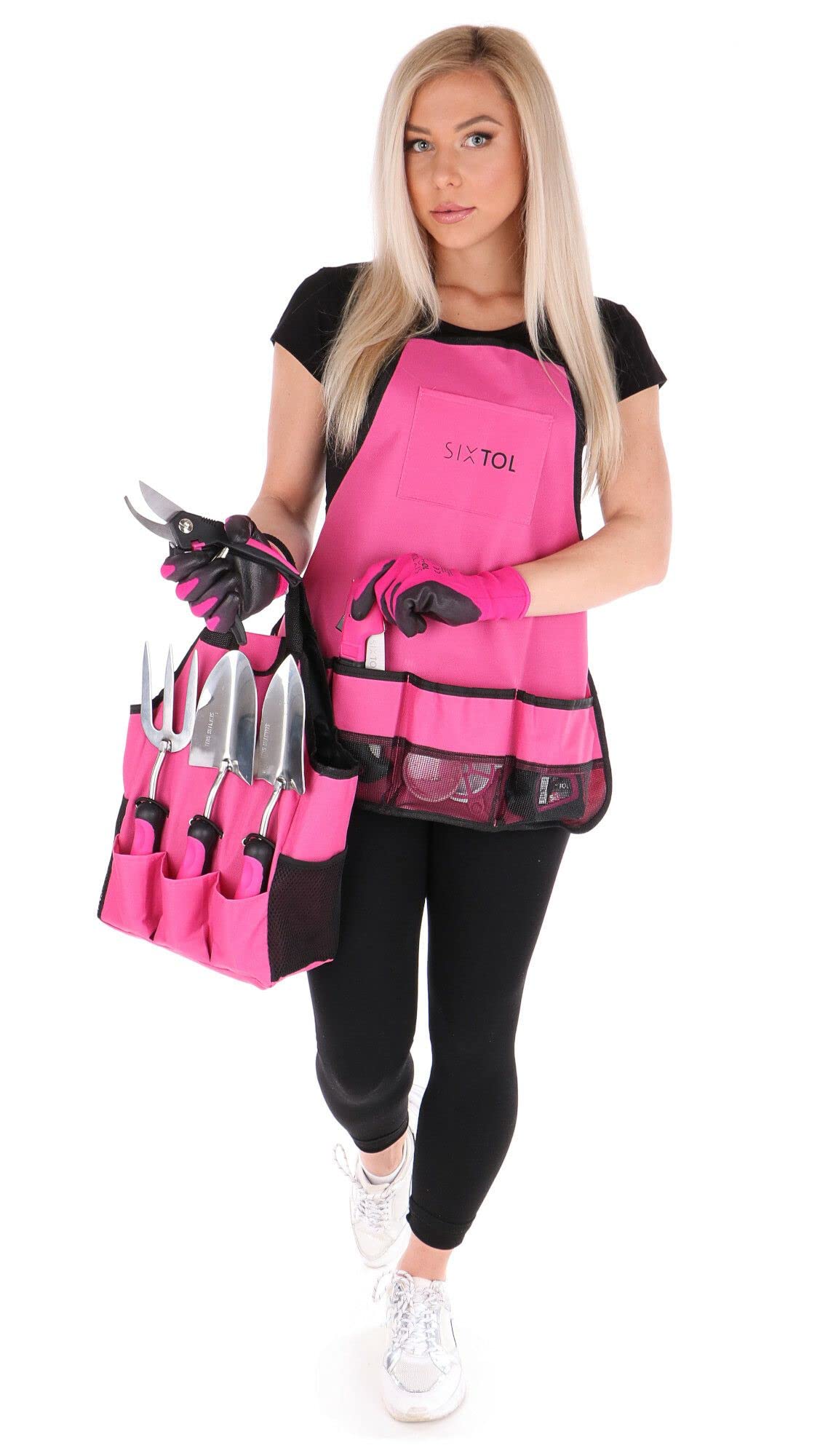 SIXTOL Garden PINK 12 garden tool set | 12 PCS garden accessories made of stainless steel | Garden apron as a gift for women | For gardeners | Garden tools with storage bag | Flower scissors, garden claw