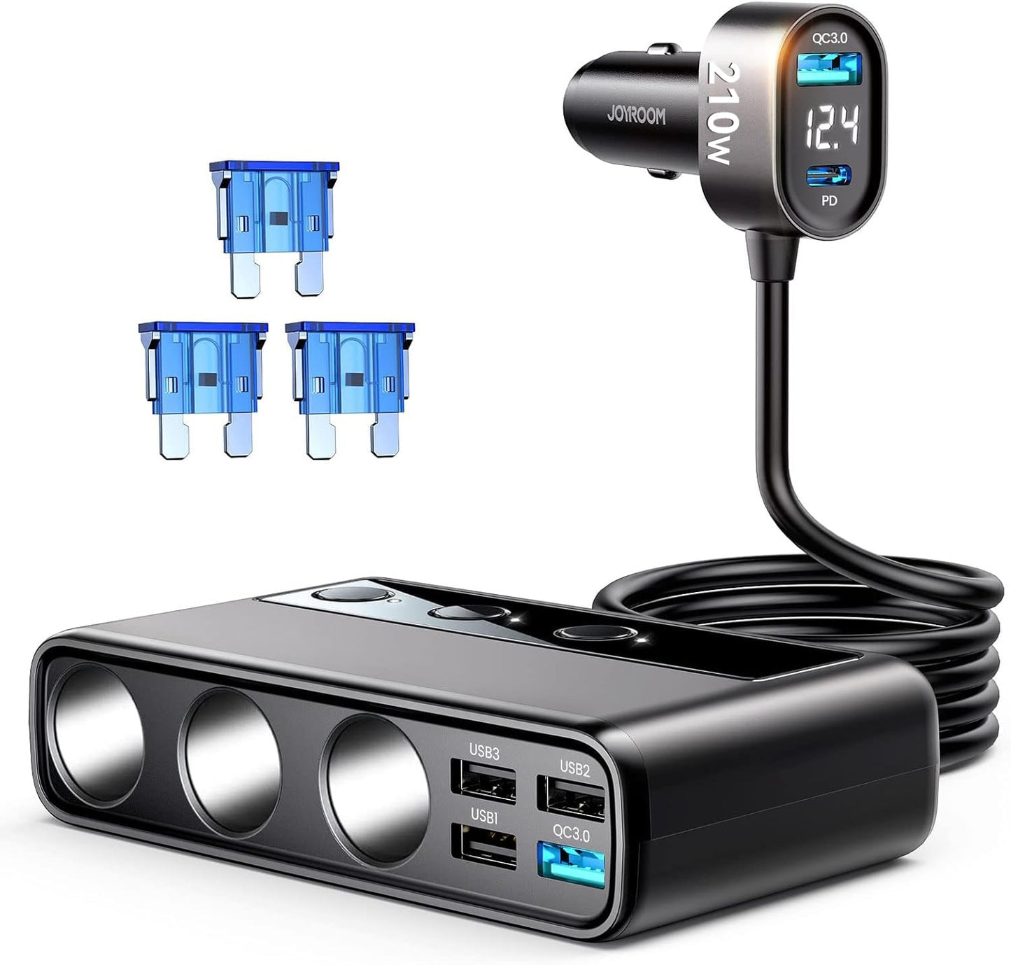 JOYROOM 210W cigarette lighter distributor, 【2025 Upgrade】car charger adapter, 3 way 12V/24V plug charging cable splitter with 36W PD & 5 USB ports for iPhone 17/iPad/Dashcam/GPS/seat heater.