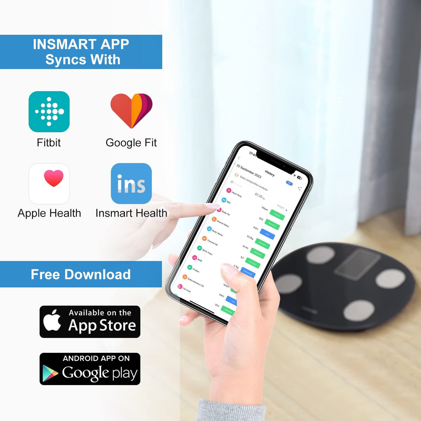 INSMART smart body fat scale digital scale with APP, Bluetooth scale for heart rate, body fat, BMI, weight, muscle mass, water, protein, skeletal muscle, BMR, etc. (18 data points)