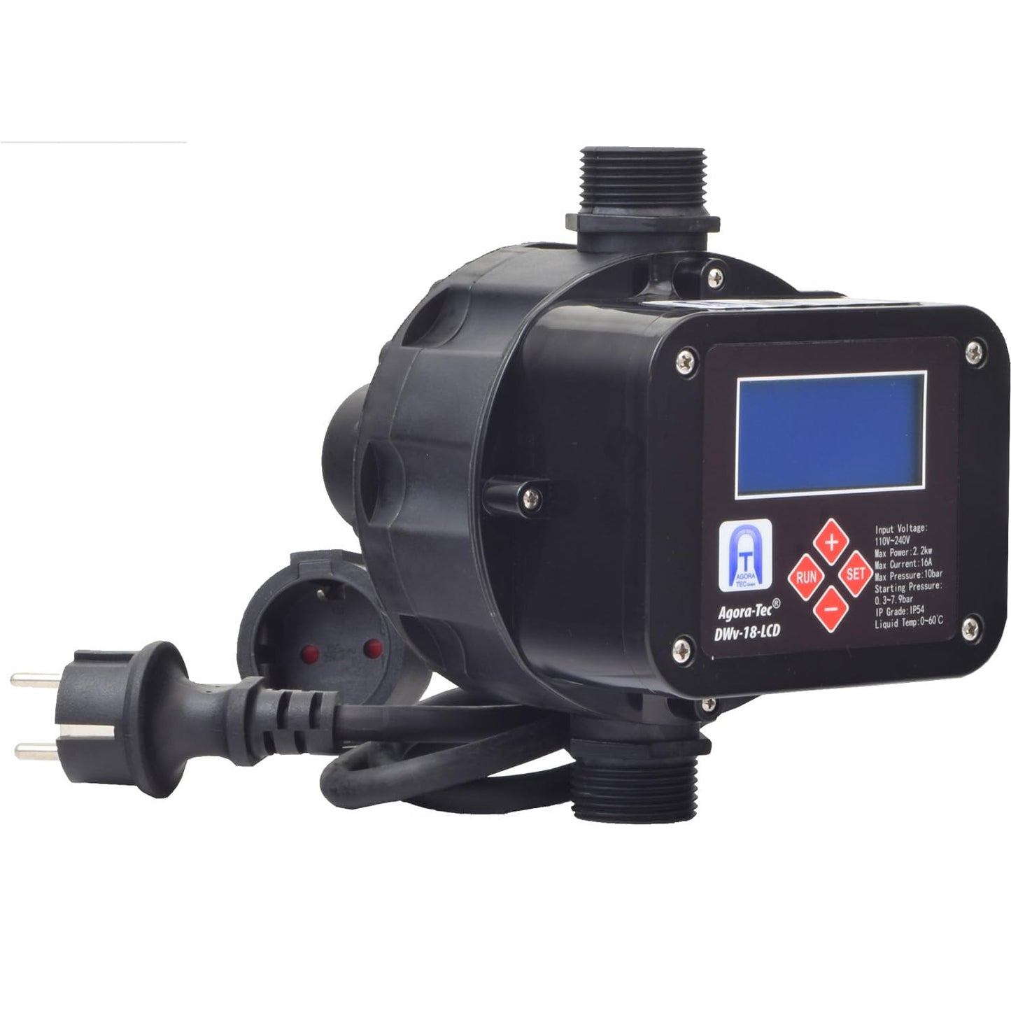 Agora-Tec® Pump control pressure switch flow monitor DWv-18-LCD wired (adjustable on/off pressure) with dry run protection, overpressure monitoring, leakage indication.