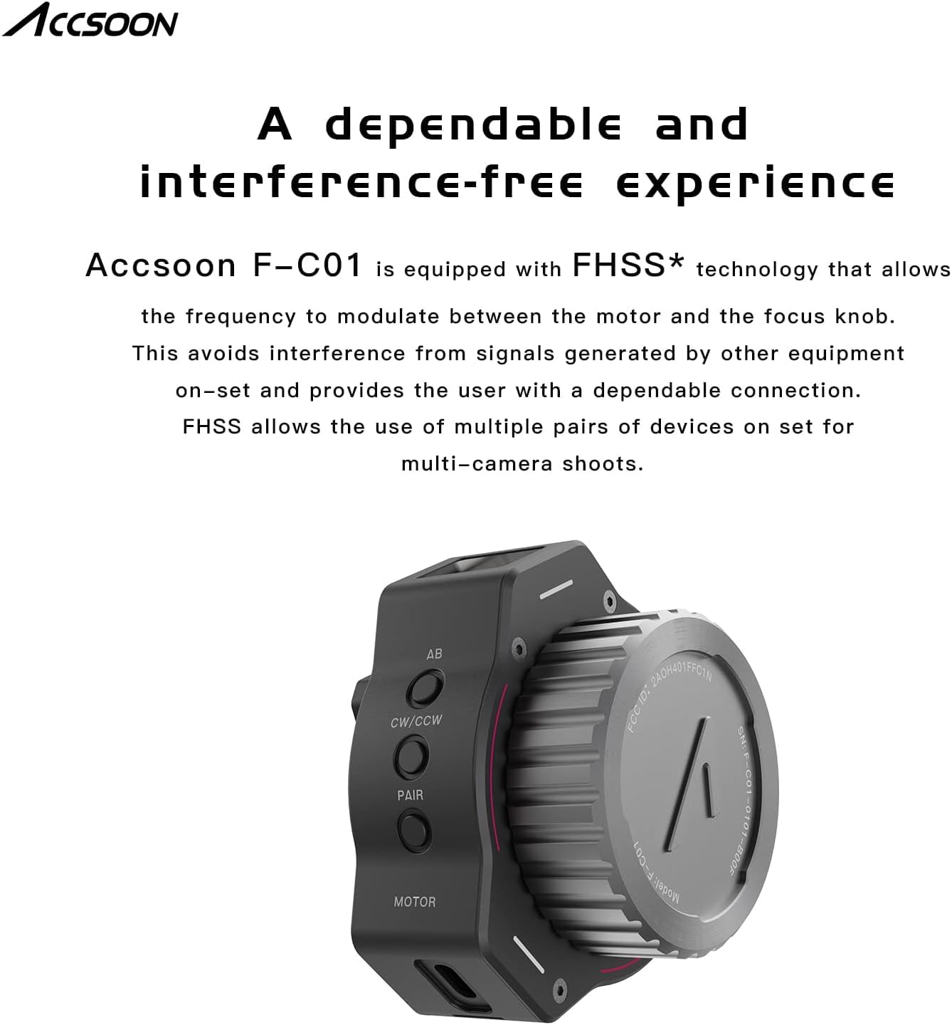 Accsoon F-C01 Wireless Follow Focus System with FHSS Technology, A/B Stops, 350ft/100m Range, Snap-on Gear Belt for DSLRs and Mirrorless Cameras, Compatible.