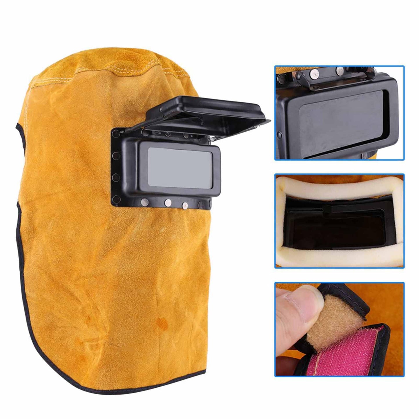 Leather welding helmet, breathable protective mask, welding helmet with safety glass.