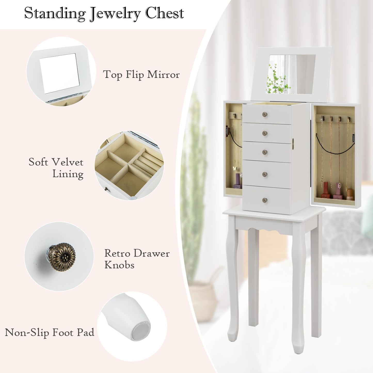HOMASIS Jewelry Box with 4 Drawers & 8 Hooks, Jewelry Cabinet with Mirror, Jewelry Case with 4 Solid Wood Legs, Jewelry Storage for Wardrobe, Bathroom, Bedroom, White