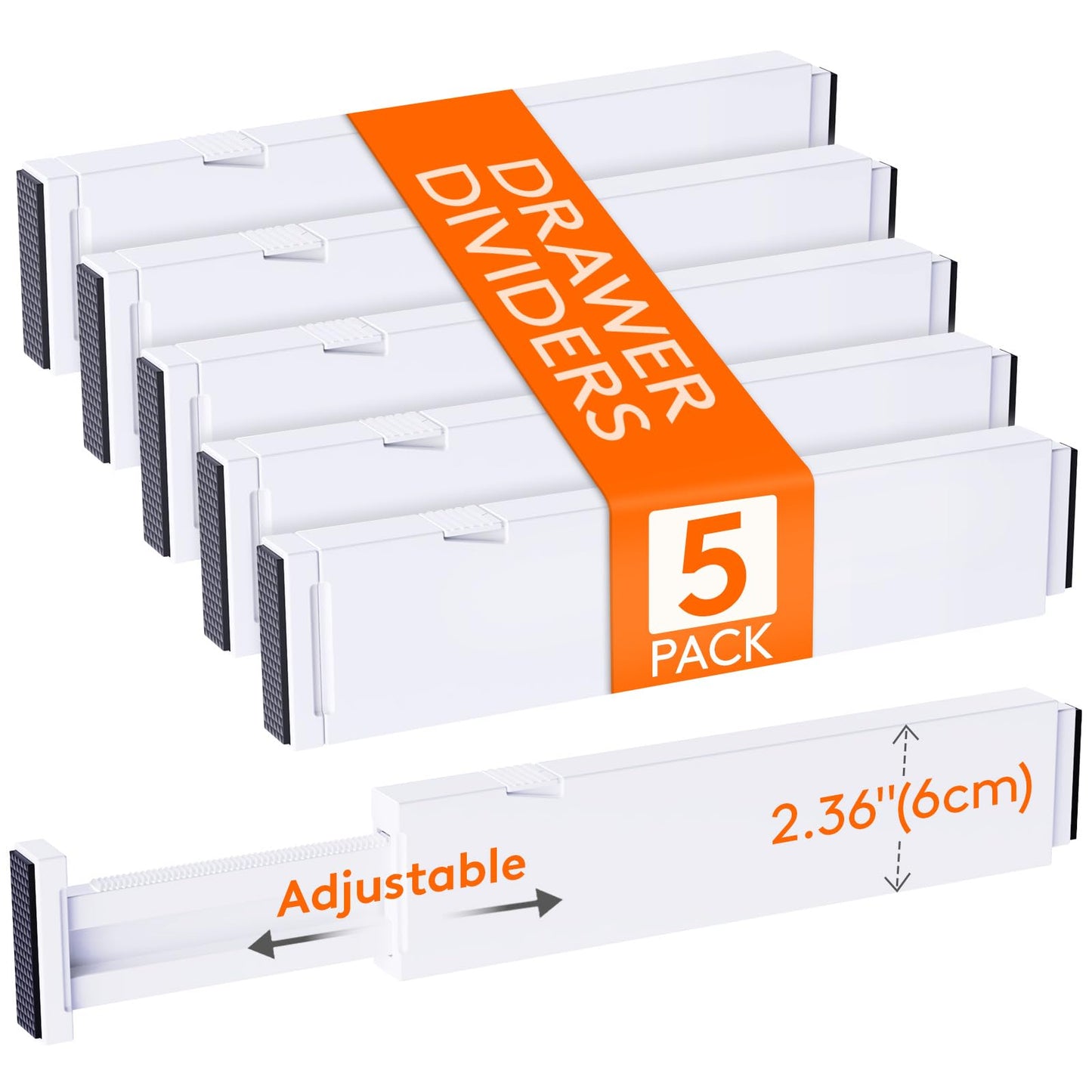 Lifewit 5-piece Adjustable Drawer Dividers, Drawer Organizer for interior length 28-40cm & height > 6cm Bedroom Kitchen Cutlery Wardrobes Desk Drawer Organization System, White