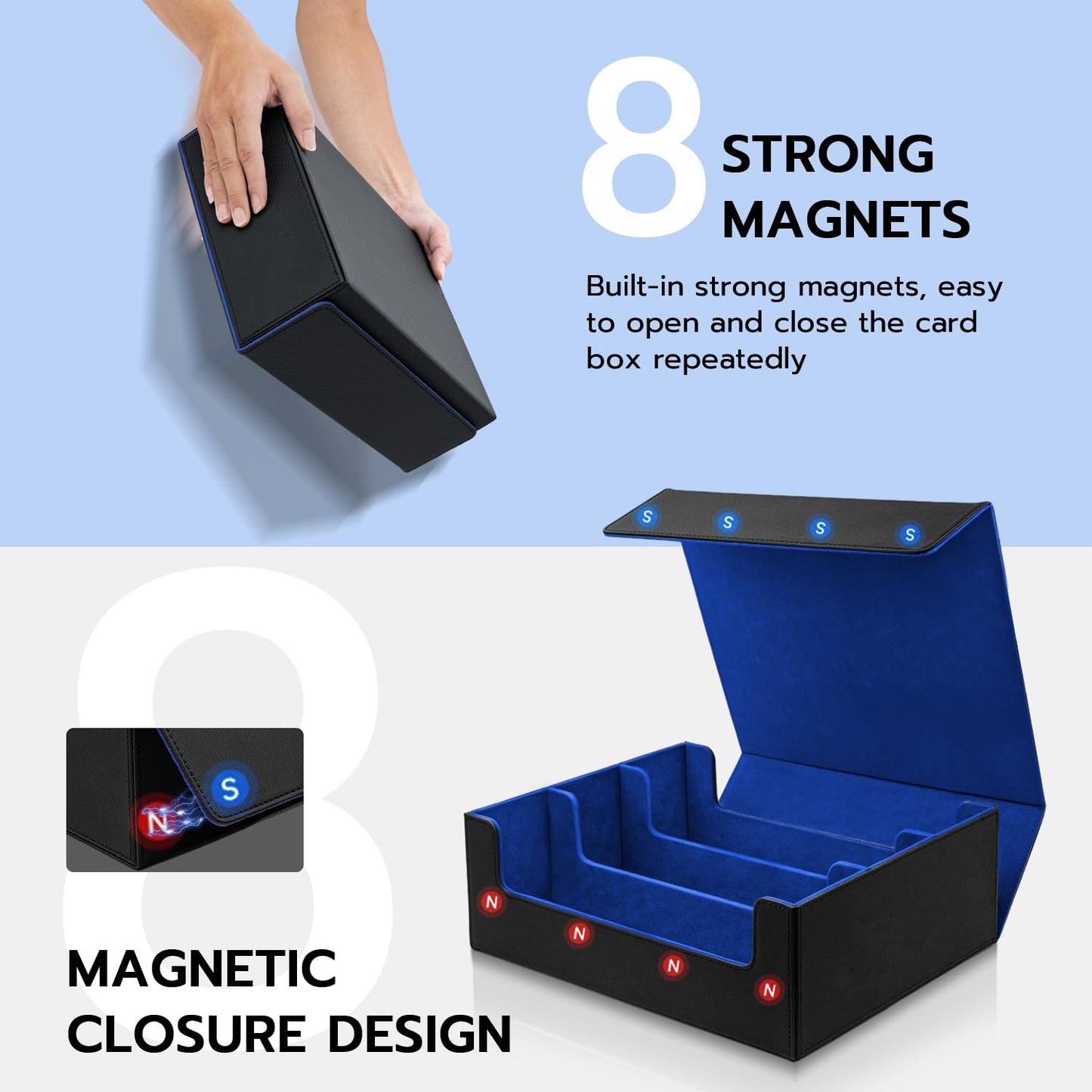 Tolesum Card Deck Box for MTG, Holds 1800+ cards with dividers, PU Leather Strong Magnetic Trading Card Storage Box Compatible with Magic Commander TCG Cards - Black and blue.