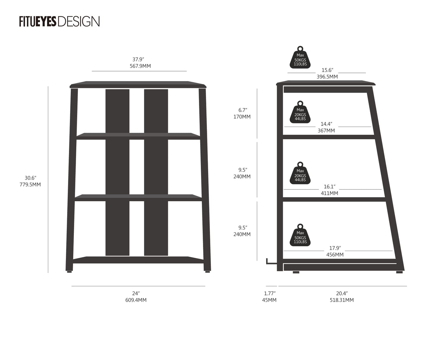 FITUEYES Design HiFi Rack made of wood & steel, turntable table with adjustable shelves, HiFi shelf for turntables & stereo systems & compact systems, 61 x 52 x 78 cm.