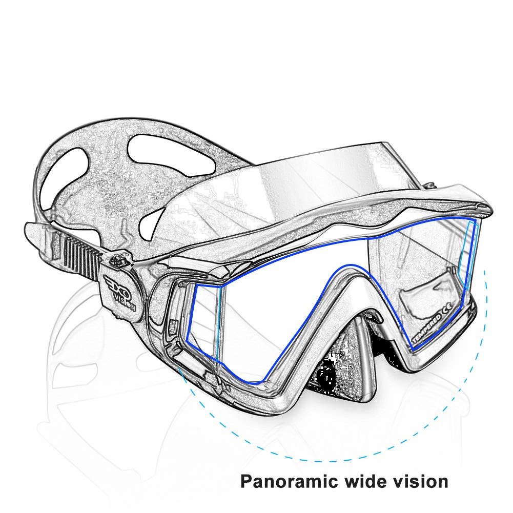 Snorkel diving mask with HD panoramic 3-window view for adults. Anti-fog tempered glass for clear underwater vision. Silicone diving mask for women and youth swimming goggles.