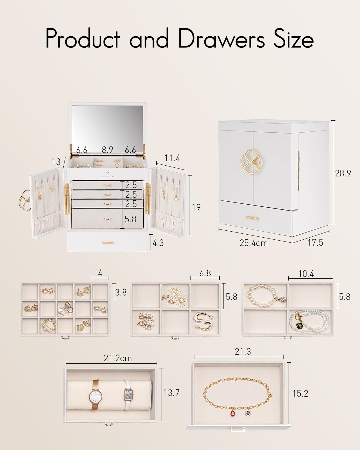 Vlando Jewelry Box Large, French Jewelry Box 6 Layers, Jewelry Organizers Large XXL with Mirror, Drawers, Jewelry Storage for Women, Jewelry Box for Earrings, Necklaces, Watches