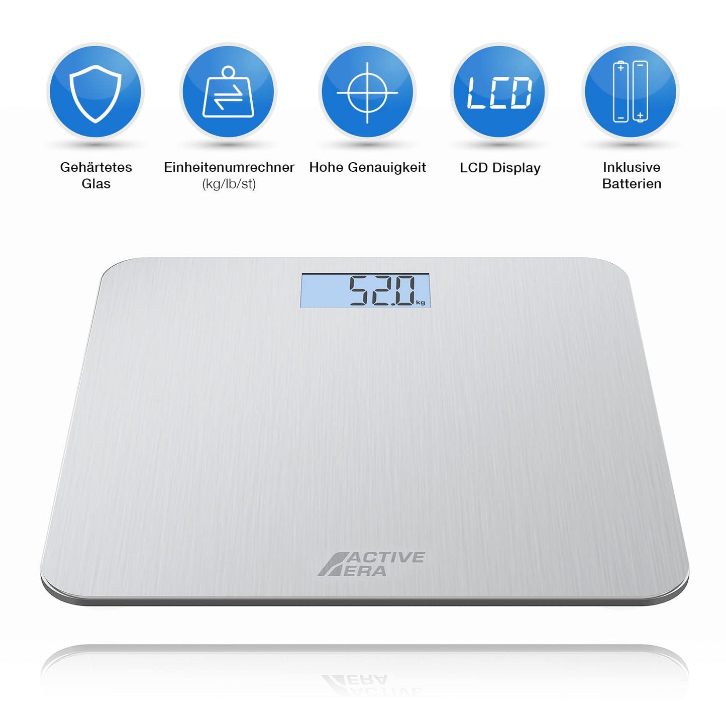 ACTIVE ERA Ultra-Slim Digital Body Weight Scale with precise accuracy and Step-On Technology - Scale made of safety glass and with large LCD display - Steel