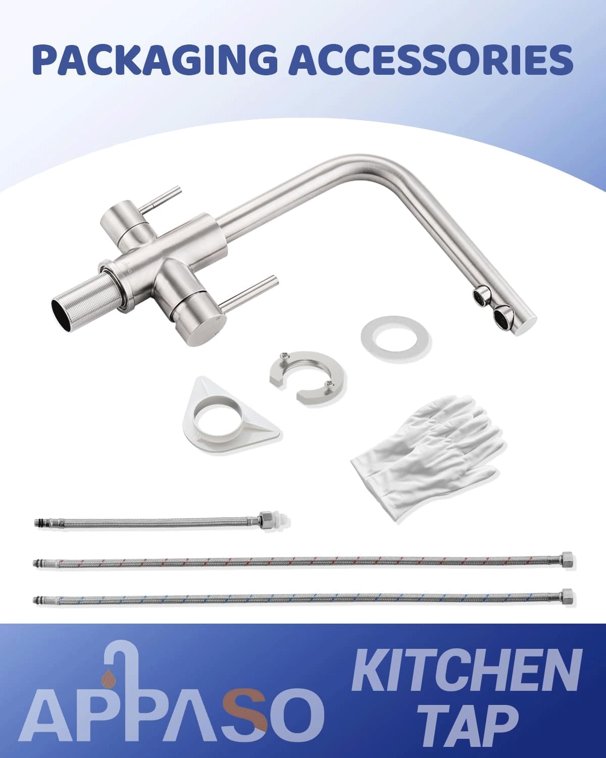 APPASO 3 Way Water Faucet, Kitchen Faucet 3 Way, 3 in 1 Kitchen Mixer Tap for Water Filter, Three Way Tap, Drinking Water Faucet with 2 handles, Stainless Steel Brushed Kitchen Sink Faucet.