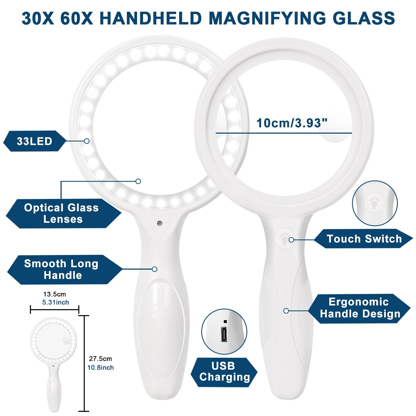 Magnifying Glass with Light, Afaneep Magnifying Glass 30x 60x Handheld Magnifier, 3 Modes 33 LED Magnifying Glass with Light for Seniors, Inspection, Coins, Jewelry (White)
