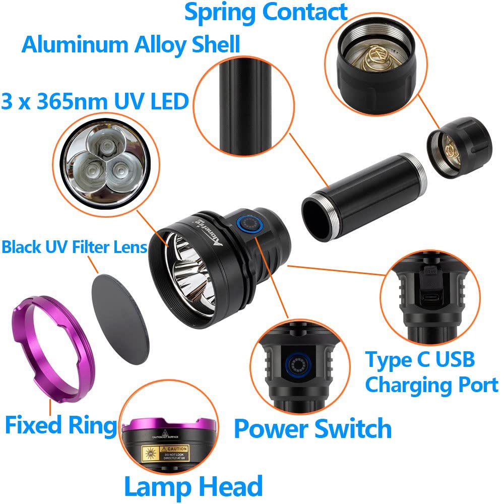Alonefire SV83 20W 365nm UV flashlight USB rechargeable - Blacklight pet urine detector, resin/money detector, fishing, scorpion, amber, minerals - With UV protective glasses, battery included
