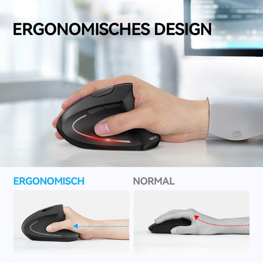 TECKNET Ergonomic Mouse, Wireless Bluetooth Vertical Mouse(BT 5.0+BT 3.0+2.4G), 6 Adjustable Levels up to 4800 DPI, Optically Quiet Wireless Mouse for Laptop/PC/Mac/Tablet/iPad(Win/Android/iOS), 6 Buttons