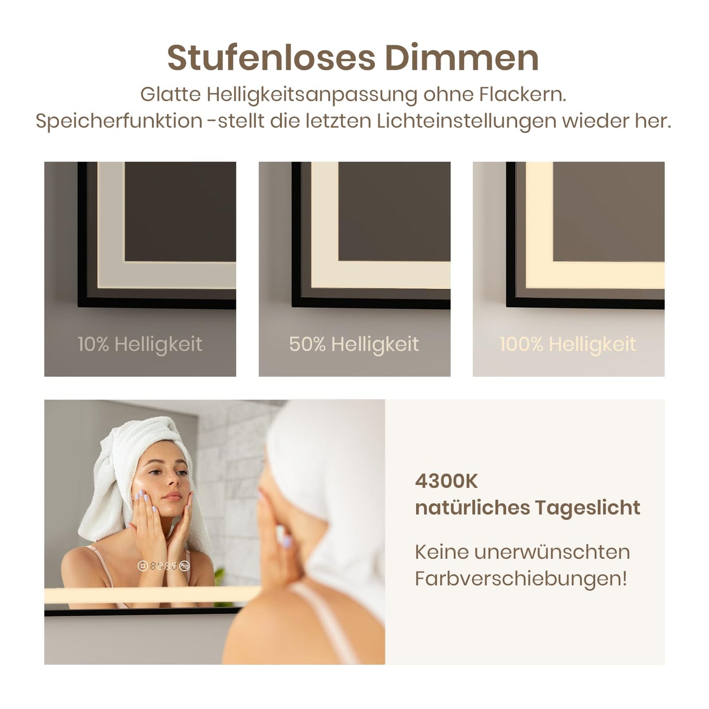 EMKE bathroom mirror with lighting 70x50cm, black mirror with touch control, dimmable, anti-fog, clock, memory function and neutral light 4300K, energy-saving wall mirror IP44
