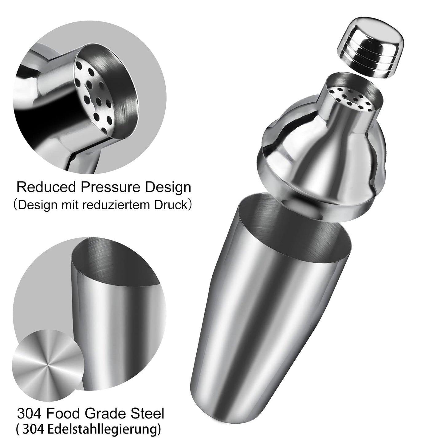 Cocktail Shaker Set | 304 Stainless Steel Cocktail Mixing Set | 750ml Cocktail Mixer 8 Piece Bartender Gift Set with Cocktail Accessories - Measuring Cup and Bar Spoon Ideal for Home & Bar