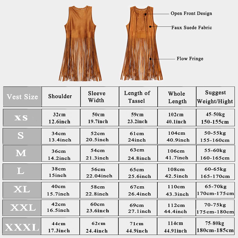 YADODO Hippie Costume Women Set Fringed Sleeveless Vest Hippie Clothing 60s 70s Vintage Outfit Girls Disco Costume Cowgirl Brown Vest Bolero Carnival Halloween Costumes Women M