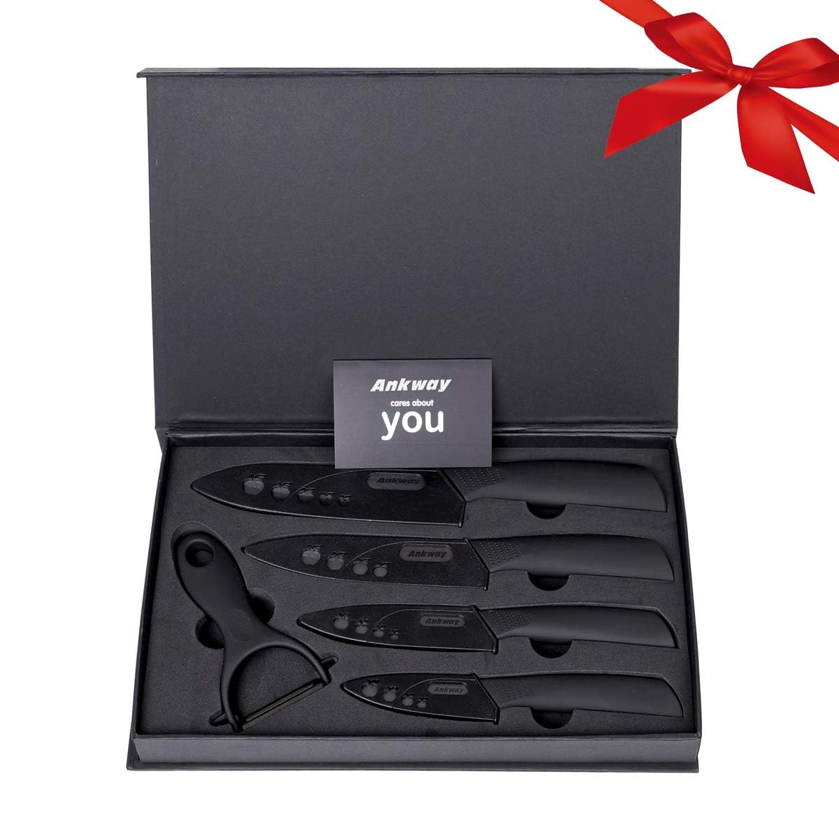 Ankway Ceramic Knife Set with Protective Cover 5 Pieces, 2023 Knife with Peeler Kitchen Knife Set Knife Cutting Knife Chef's Knife Sharp Cake Knife for Meat Fruit Vegetables, Black.