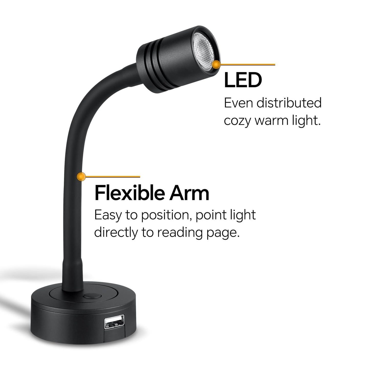 Beaming LED reading lamp 12V dimmable camper flexible gooseneck USB port, wall lamp bedside 2 pieces DC 12V-24V spot for boat RV interior lighting yacht, hardwired wall mount