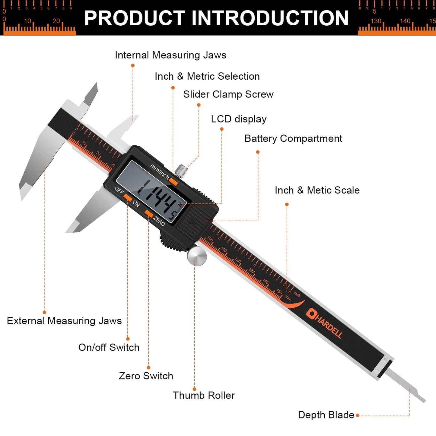 HARDELL Digital Caliper 150mm, Stainless Steel with LCD Display, Inch and Millimeter Conversion, Household & Industrial Measuring Tool with 2 Spare Batteries