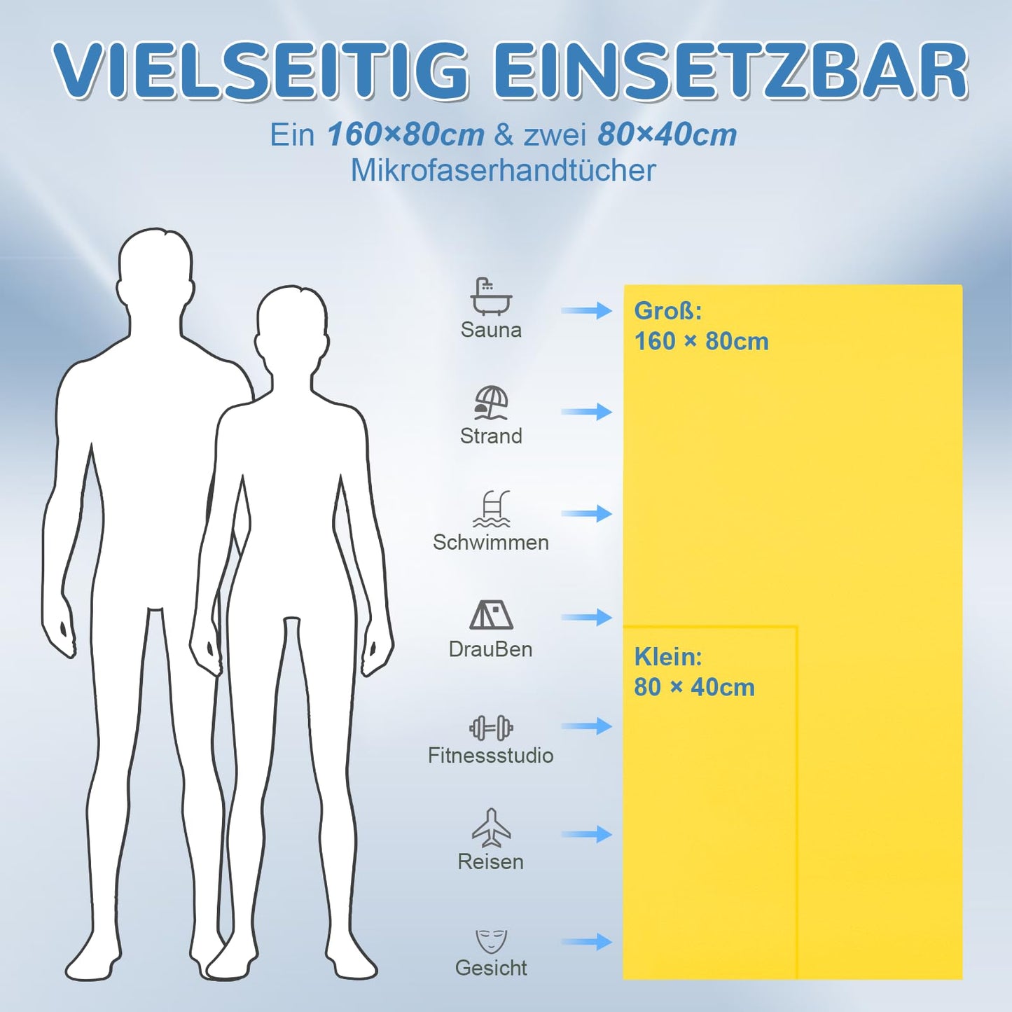 Fosdaling Microfiber Towel 3 Piece Set (Large 160×80cm and 2 Small 80×40cm), Quick-drying Microfiber Fitness & Sport Towels, for Beach, Bath, Gym and Travel (Yellow)