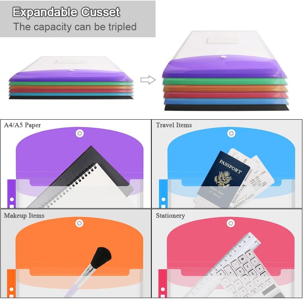 Vakki A4 Document Folder, 12pcs Transparent A4 Document Pouches for Filing, Expandable Collection Folder with 11 Hole Edges, Snap Button for Organizing Documents - 6 Colors