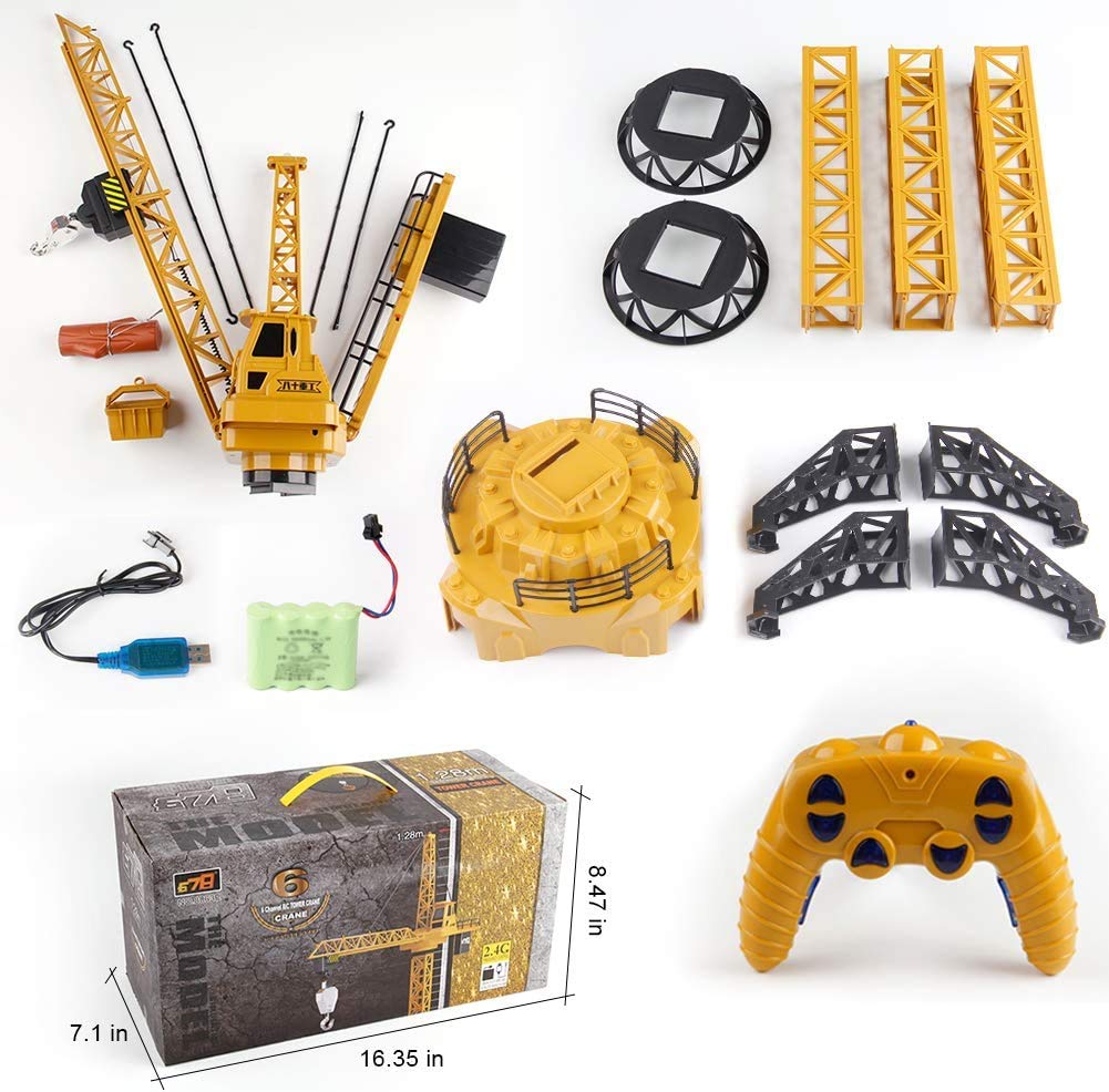 Mini Tudou 128 cm high 2.4 GHz remote-controlled tower crane, 6 channels radio control construction RC crane toy. 680 degree rotation, lift model with tower light and sounds for kids boys.