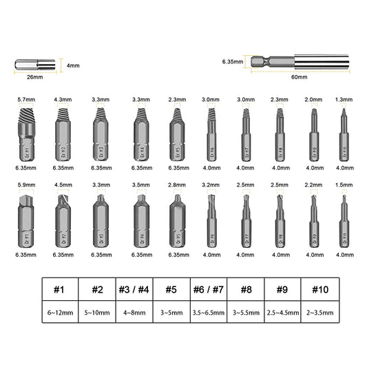 SE22 Screw Extractor for damaged screws, screw remover, tool for removing broken screws with separate polishing and magnetic extension bit holder for damaged screws.