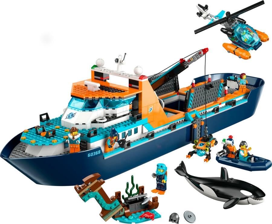 LEGO City Arctic Research Vessel, large floating toy boat with helicopter, dinghy, ROV submarine, Viking shipwreck, 7 minifigures & orca figure, gift for kids aged 7 and up 60368