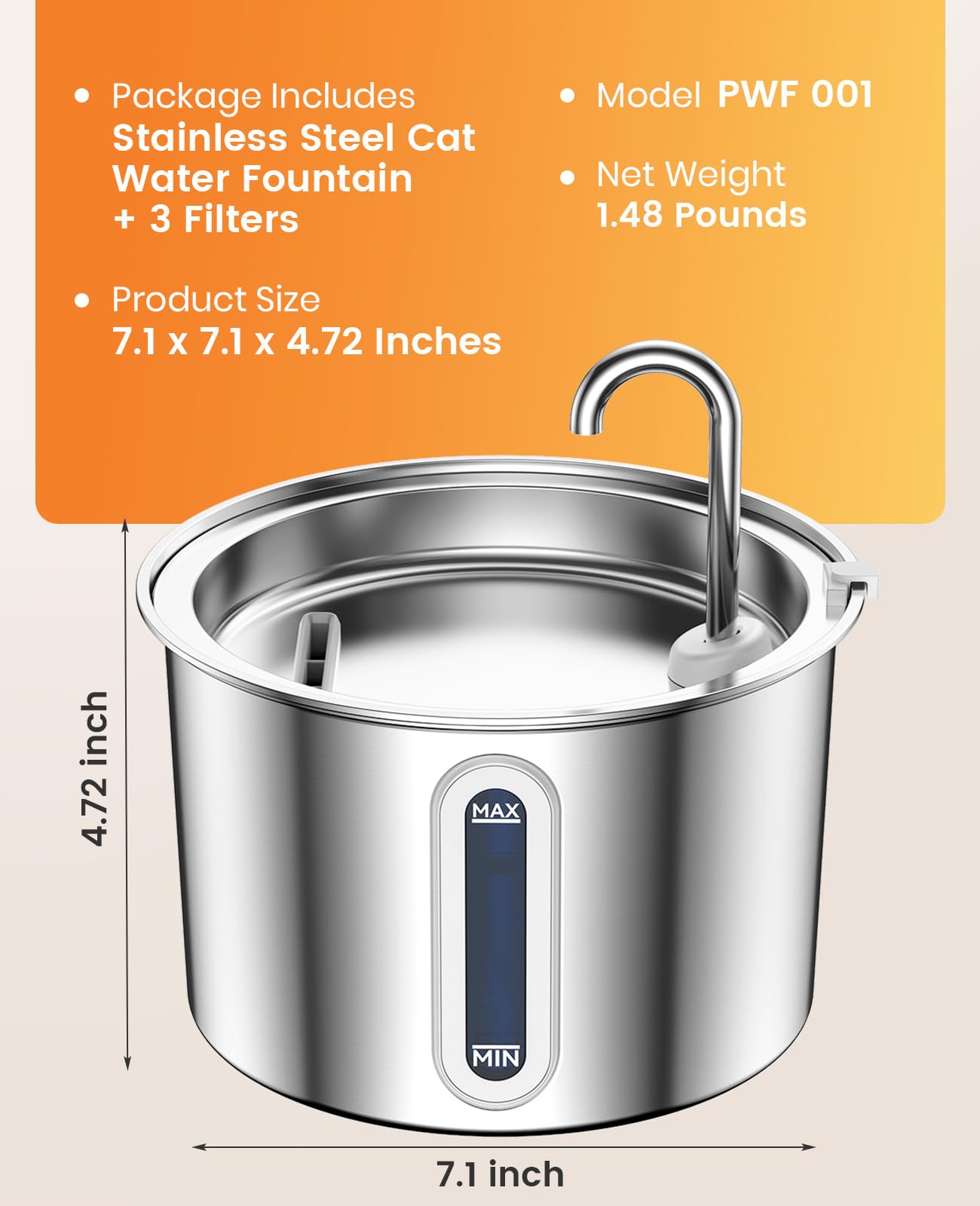 oneisall Cat Fountain Stainless Steel, 2L Drinking Fountain for Cat, Super Quiet Cat Drinking Fountain with Water Level Window, Water Fountain for Cat, 3 Activated Carbon Filters, LED Light, Dishwasher Safe