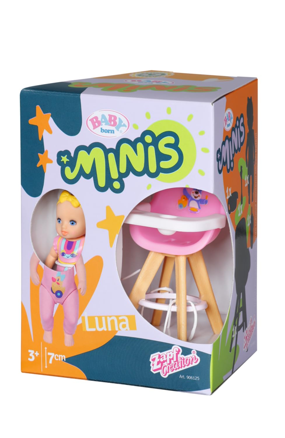 BABY Born, doll vehicle, fold-out caravan & Minis high chair playset with Minis doll Luna, bottle, and plate, 906125 Zapf Creation