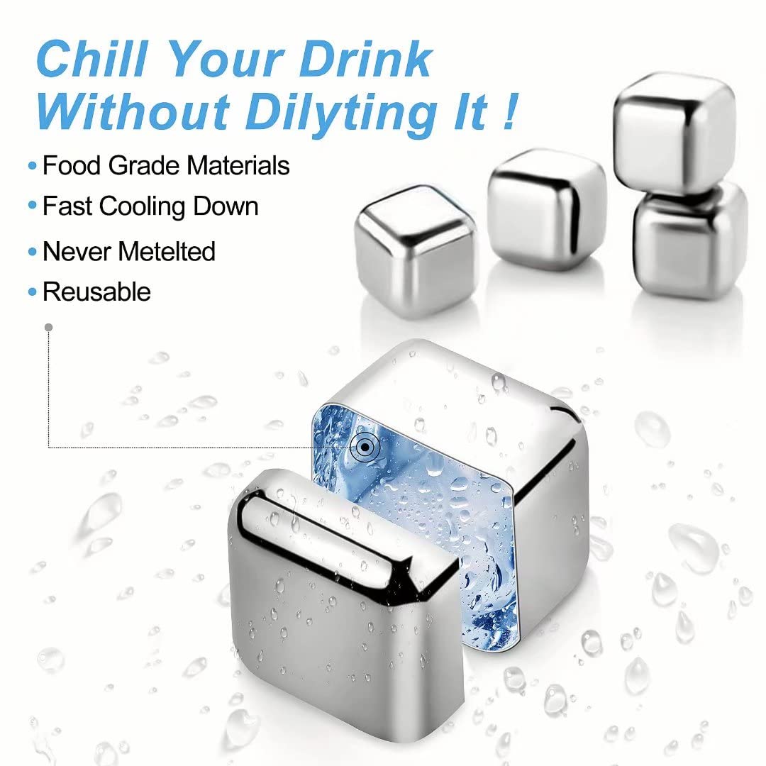 Whiskey Stones Gift Set - 6 Stainless Steel Whiskey Ice Cubes Reusable - Whiskey Rocks Cooling Stones, Special Gifts for Men - Whiskey Chillstone for Whiskey, Vodka, Gin, Wine & More.