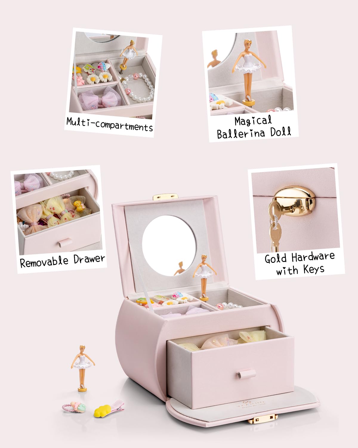 Vlando music box jewelry box for girls with drawers, girl gifts 7 8 years, jewelry storage for kids, ballerina leather jewelry box with canon melody, lockable.