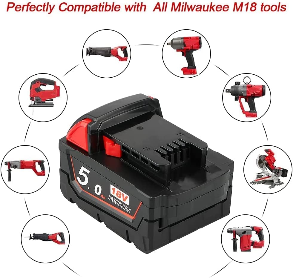 2X Waitley replacement battery 18V 5000mAh Li-ion battery for Milwaukee M18 M18B 48-11-1850 48-11-1852 48-11-1820 48-11-1860 48-11-1828 48-11-10...