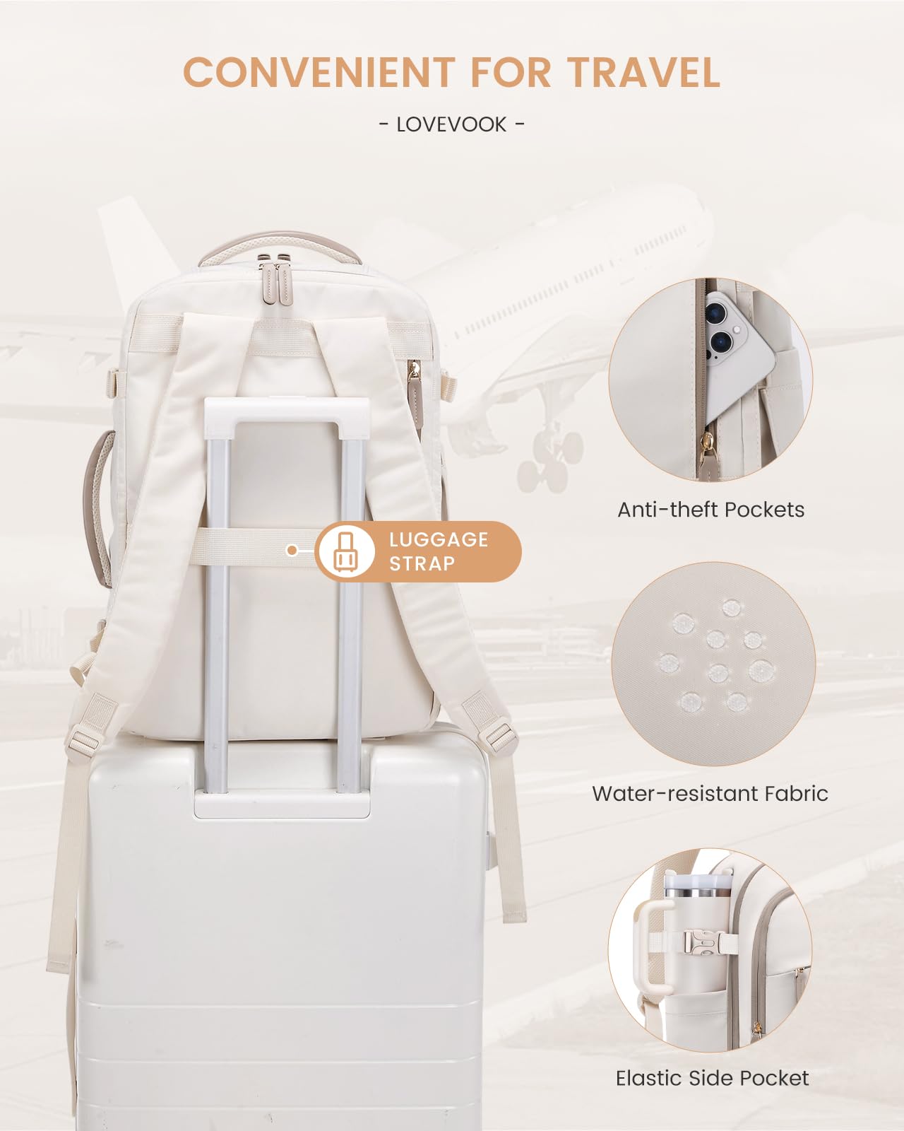 LOVEVOOK carry-on travel backpack set of 4, 40L for women, with wet and dry compartment, 45x36x20cm, fits 17.3 inch laptop. Perfect carry-on luggage for trips.