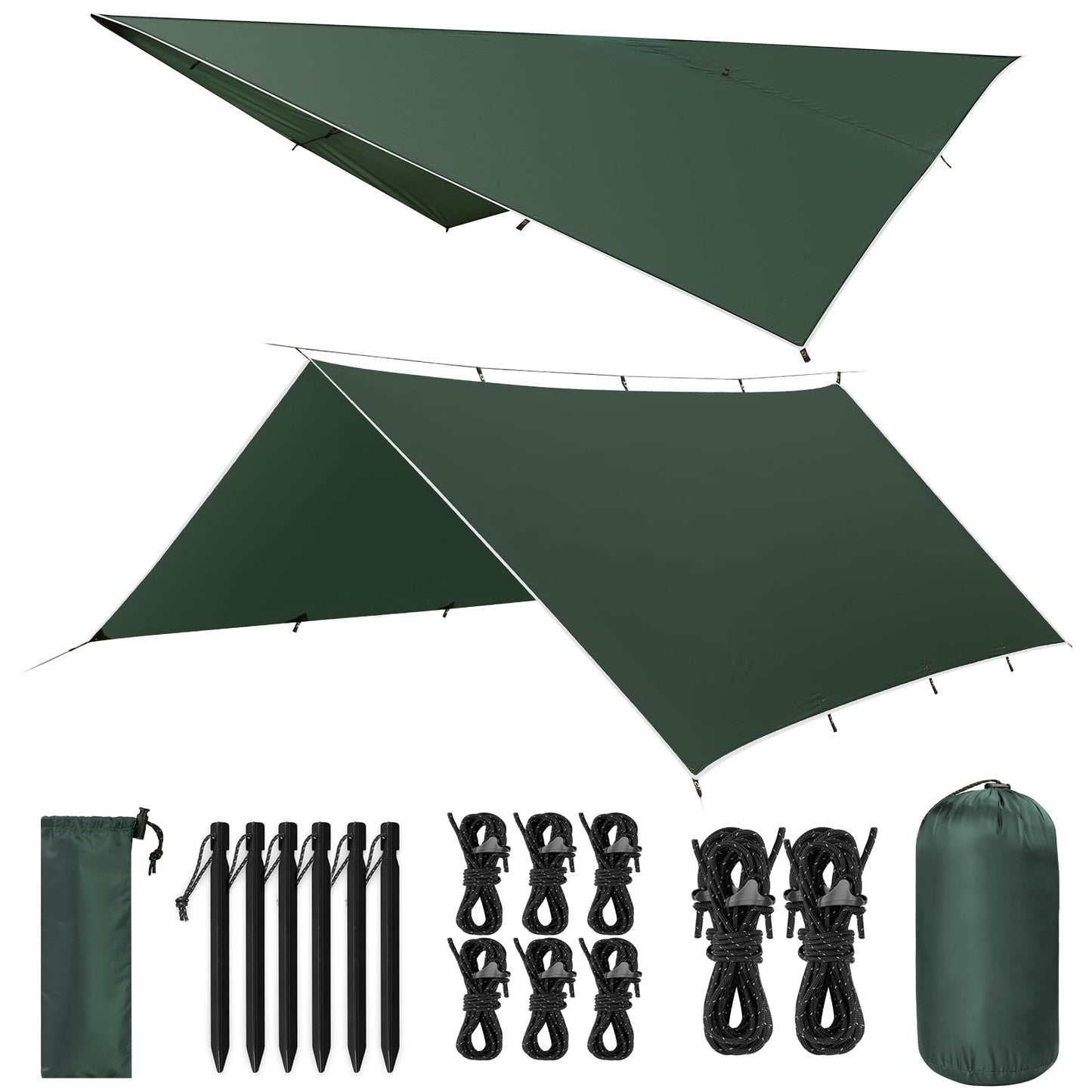 VOSOIR Tarp 3x4M Waterproof, Ultralight Camping Tent Tarp, with 15 Eyelets+6 Aluminum Pegs+8 Nylon Ropes, Anti-UV Snow Rain Protection, Lightweight Compact for Hammock Camping Picnic Hiking (Dark Green)