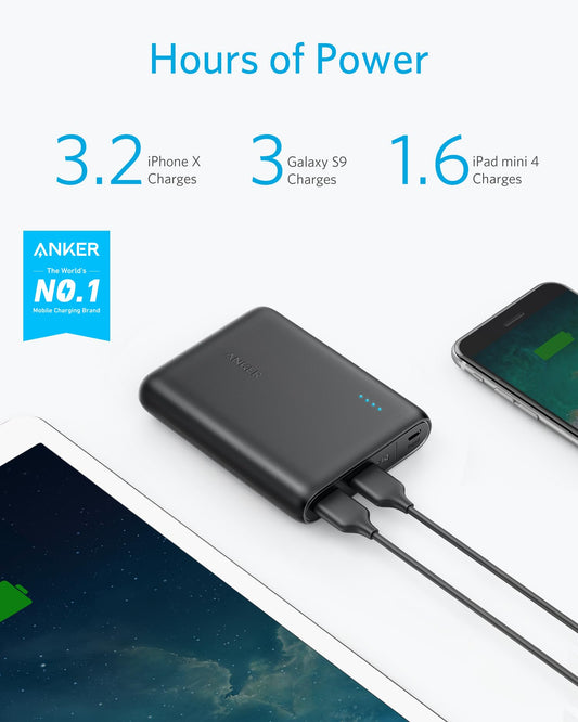Anchor PowerCore 13000mAh power bank external battery 2-port 3A with PowerIQ and Voltage Boost technology for iPhone XS Max/XR/XS/X/8/8 Plus/7/6s/6, Samsung Galaxy S8, and other smartphones.