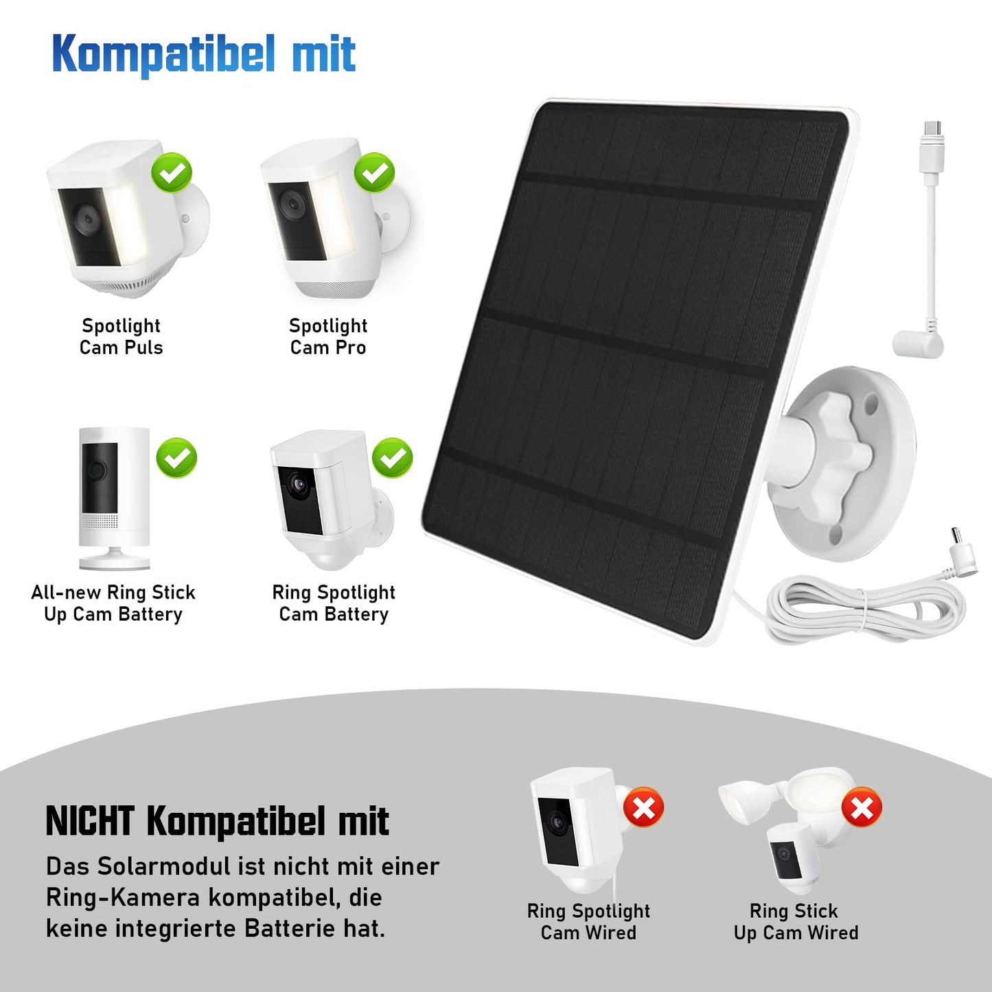 Solar panel for Ring camera, 5W camera solar panel compatible with Ring Stick Up Cam battery & Spotlight Cam battery, includes barrel plug, IP65 waterproof, 3m cable, 360° adjustable bracket (2 pack)