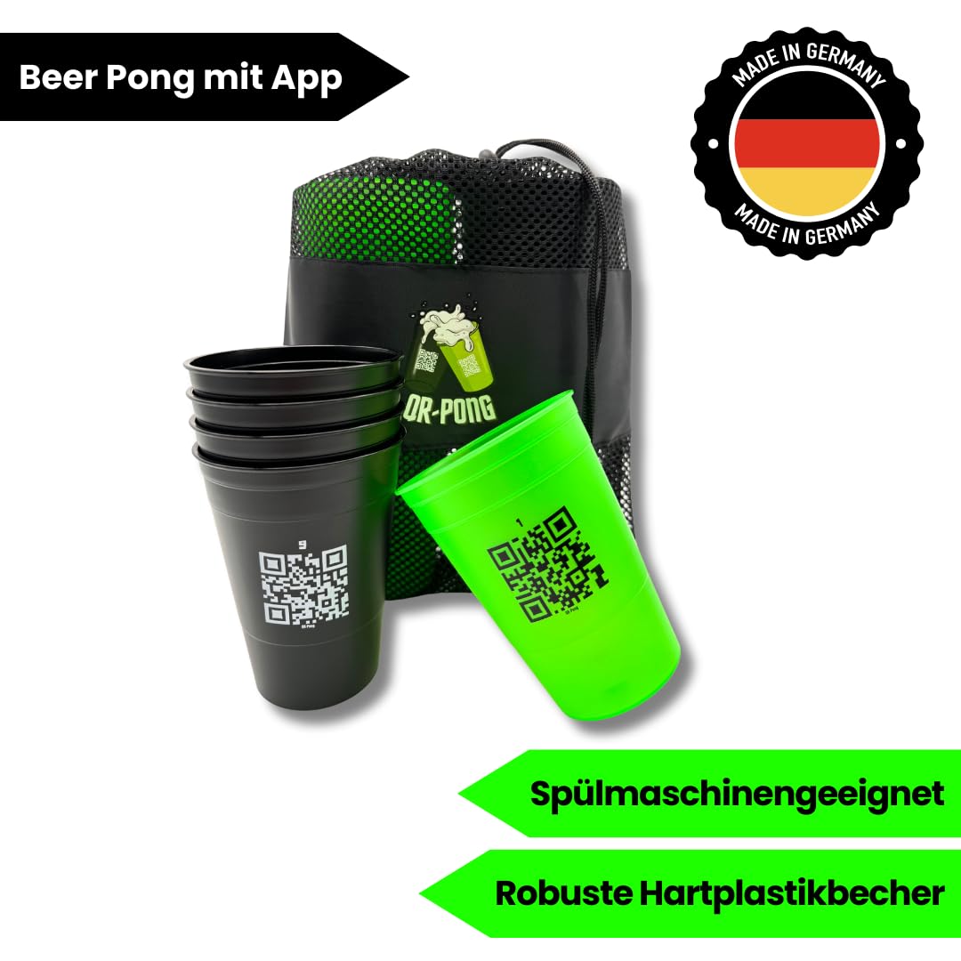 QR-Pong Interactive Beer Pong Set includes 20 hard plastic cups, 4 ping pong balls, in Black/Green/Pink.