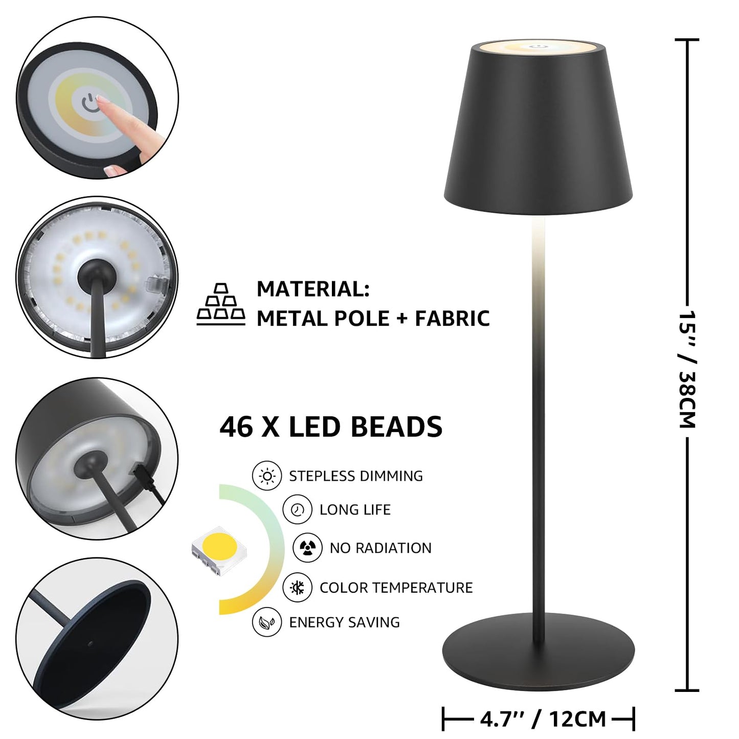 uuffoo Cordless Outdoor Table Lamp with 4000mAh LED Battery Touch Dimmable Warm White IP54 Waterproof Metal Table Lamp for Restaurant, Garden, and Bar (Black)