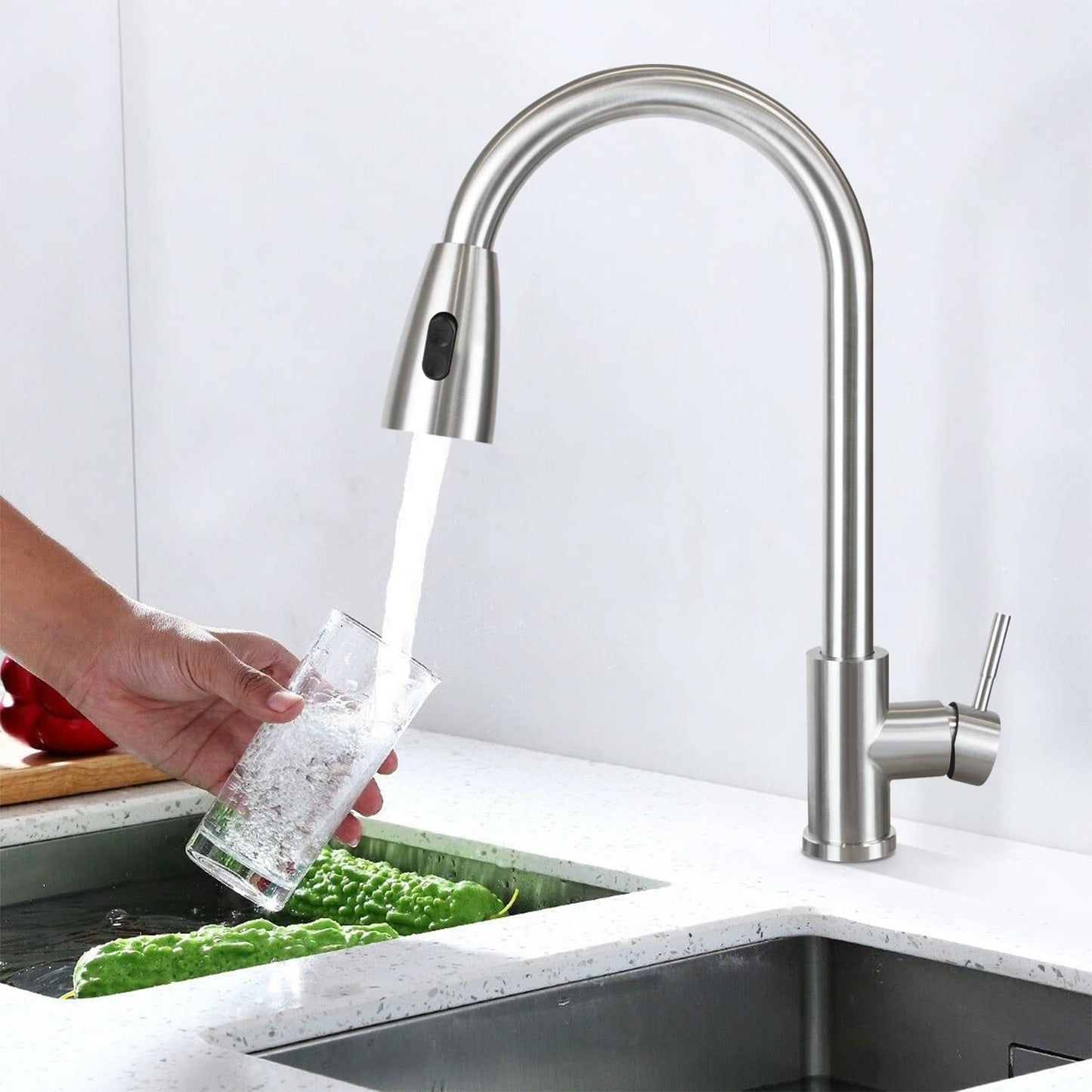 Kitchen faucet high pressure - faucet with spray sink mixer tap pull-out 360° swivel stainless steel dual function kitchen tap - brushed nickel.