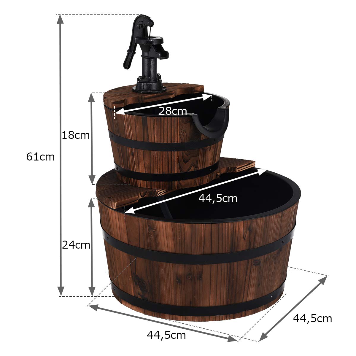 COSTWAY Wooden Fountain, Garden Fountain with Pump, Wood Barrel Ornamental Fountain, for Garden Lawn Terrace Backyard, Fountain Garden Decoration, Brown, Ø 44.5 x 61 cm