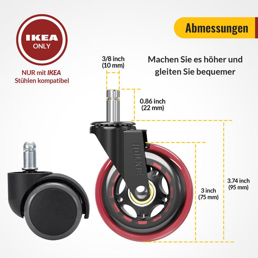 HOLKIE Office Chair Wheels 10x22 mm Red Replacement Casters for IKEA Chairs Rubber Desk Chair Casters for Hardwood Floors 5-Pack Sturdy Rollerblade Wheels for Computer Chair Mats