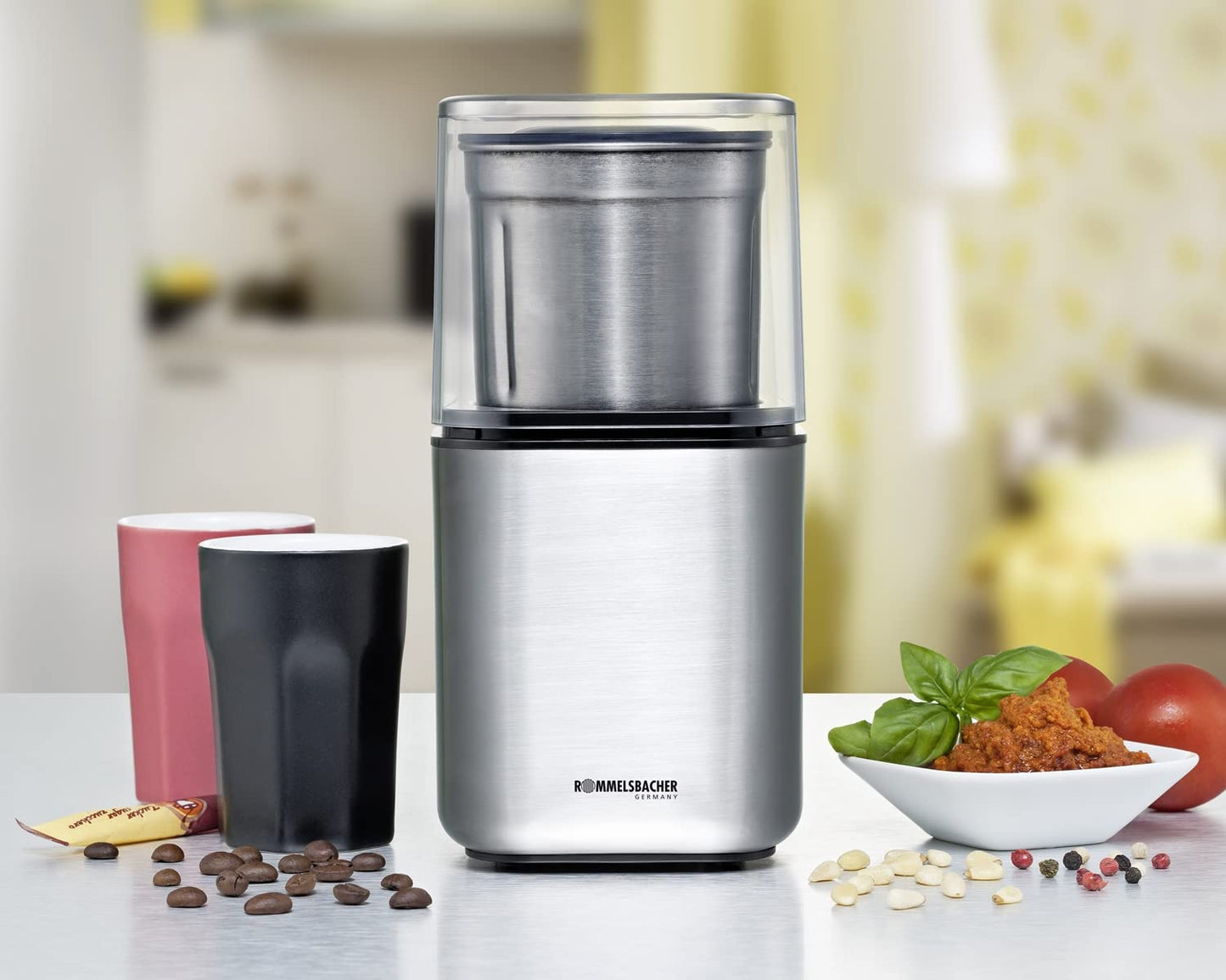 ROMMELSBACHER spice and coffee grinder EGK 200-2 stainless steel container with chopping and special blades, capacity 70 g, grind level adjustable by grinding time, suitable for pesto, spices, nuts, sugar, 200 watts