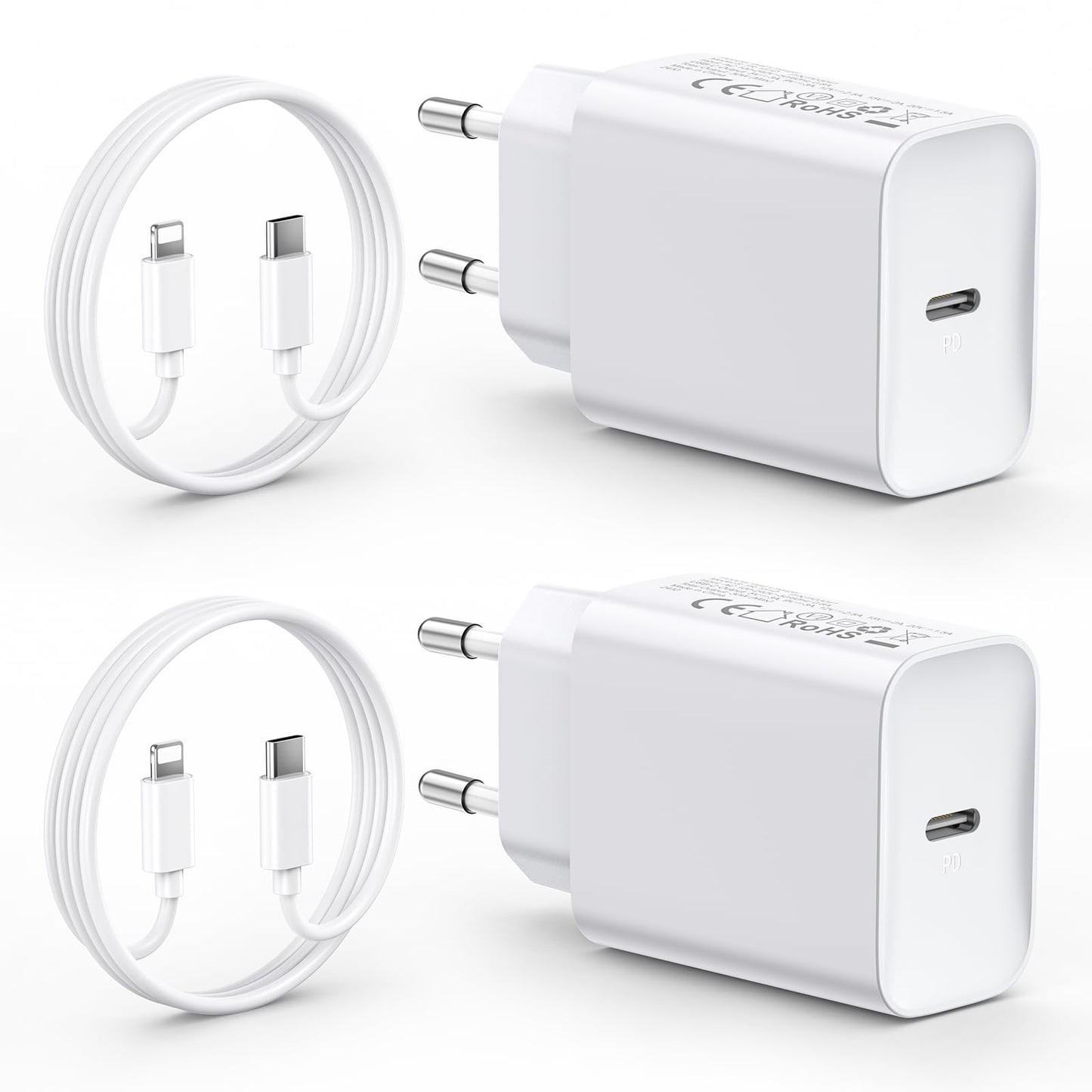 2-Pack charging cables for iPhone 14/14 Plus/14 Pro/14 Pro Max/13/12/11/SE/X/XR/8/7. 30W USB C fast charger with 2M cable, plug adapter, and charger plug.