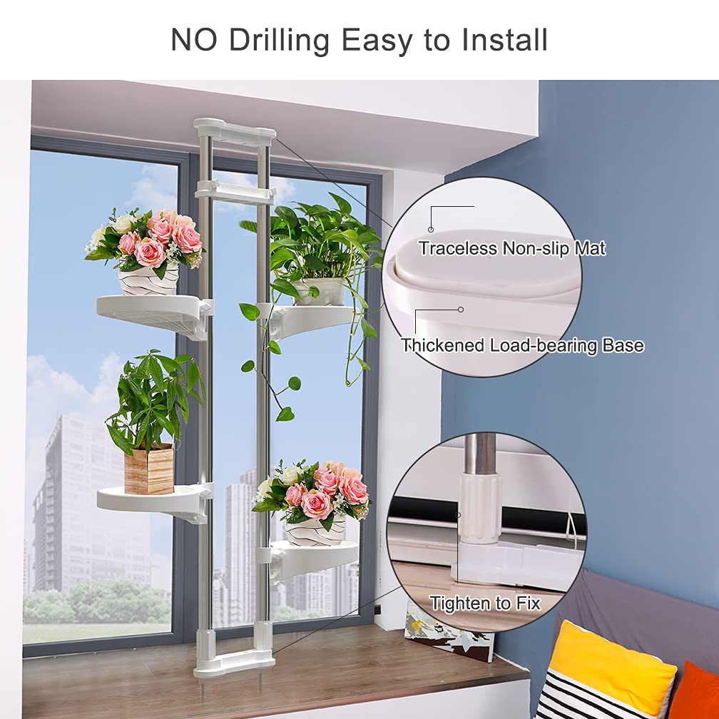 BAOYOUNI Telescopic Flower Stand Plant Stand Indoor Plant Stand Window Sill Metal Telescopic Shelf Window Shelf for Plants Flowers Adjustable Height 92 to 160 cm, Ivory