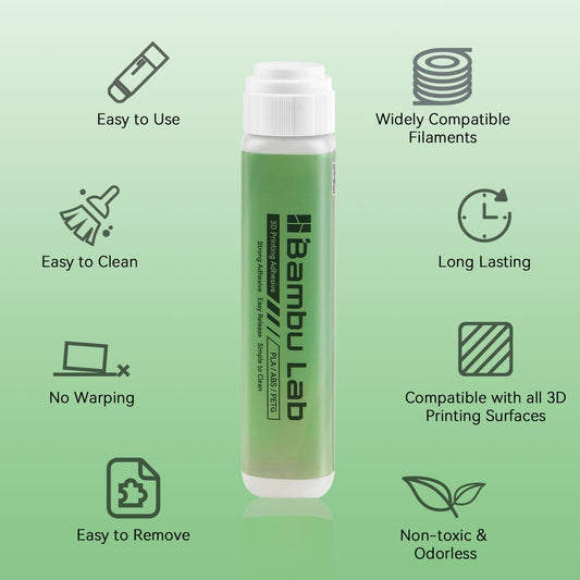 3D printer build plate adhesive compatible with Bambulab A1/A1 Mini/P1/X1 3D printers. Strong adhesive for heatbed PEI steel plate. Adheres PLA/ABS/PETG/PC/PA/TPU filaments. 60ML.