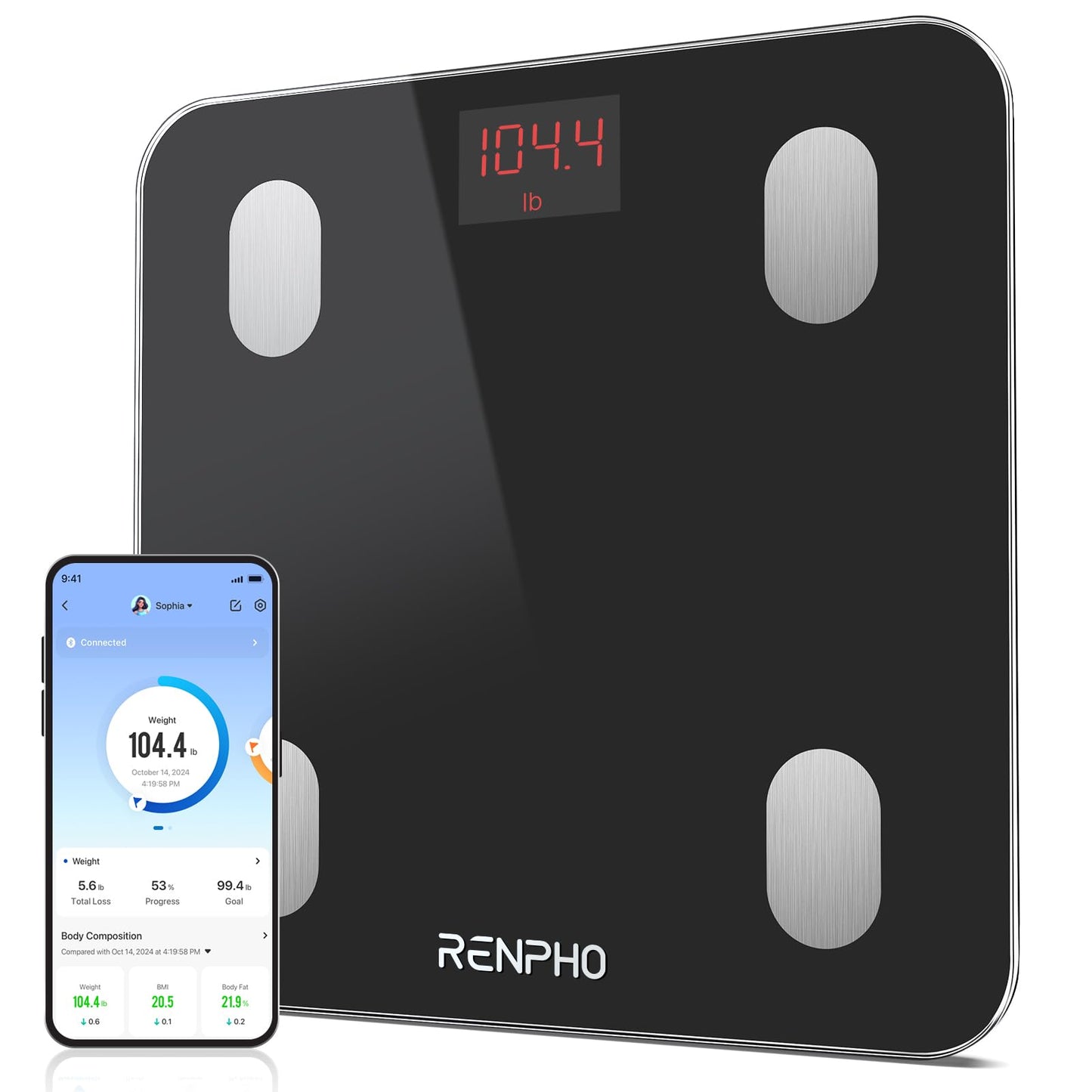 RENPHO digital bathroom scale with app for 180 kg, scale for body fat and muscle mass with 13 measurements, Bluetooth body fat scale for babies and pregnant women, black