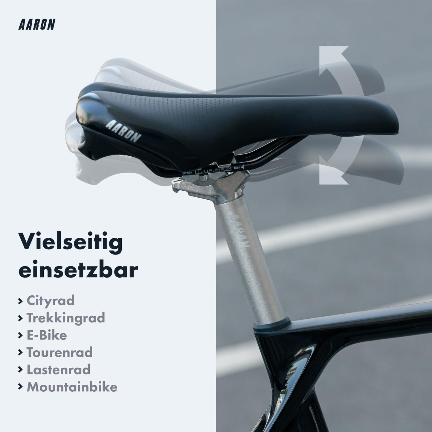 AARON Post seatpost with 30.9 mm diameter, aluminum seat tube with 350 mm length, suitable for city bikes, trekking bikes, touring bikes, and mountain bikes with scale in silver.