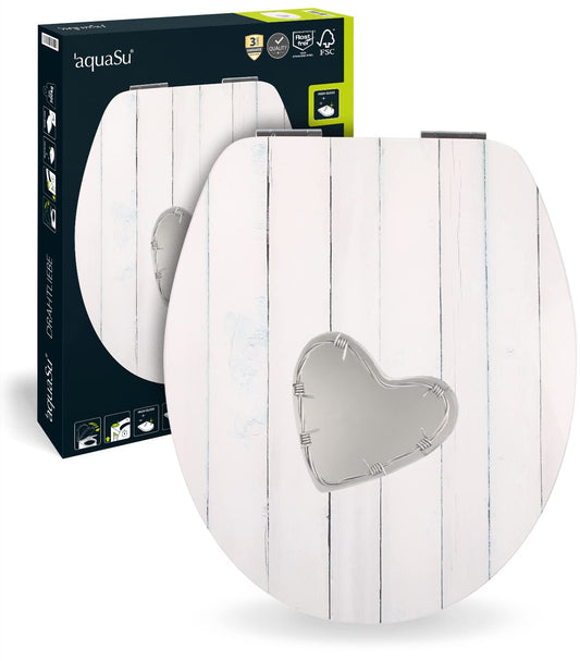 aquaSu® toilet seat with soft-close mechanism, wire love decor, high gloss finish, wooden core, Fast-Fix quick mounting system, oval standard O shape, metal hinge, glossy toilet lid, 40357 3