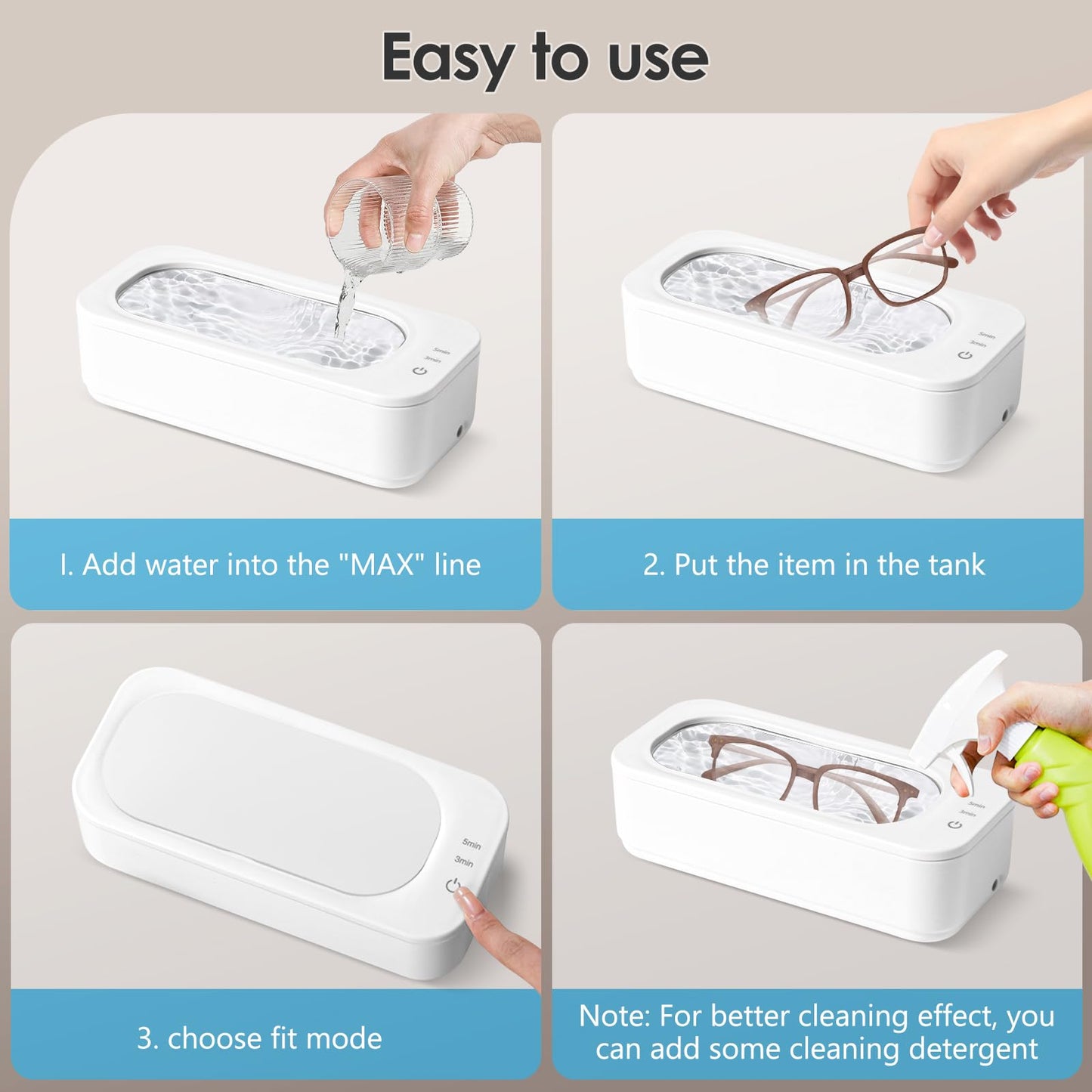 Anluomania Ultrasonic Cleaning Machine, 47000Hz Ultrasonic Device, 350ML Ultrasonic Cleaner, Glasses Cleaning Device, Ultrasonic Cleaner with 2 Modes for Glasses Dentures Jewelry Rings Coins Necklaces.